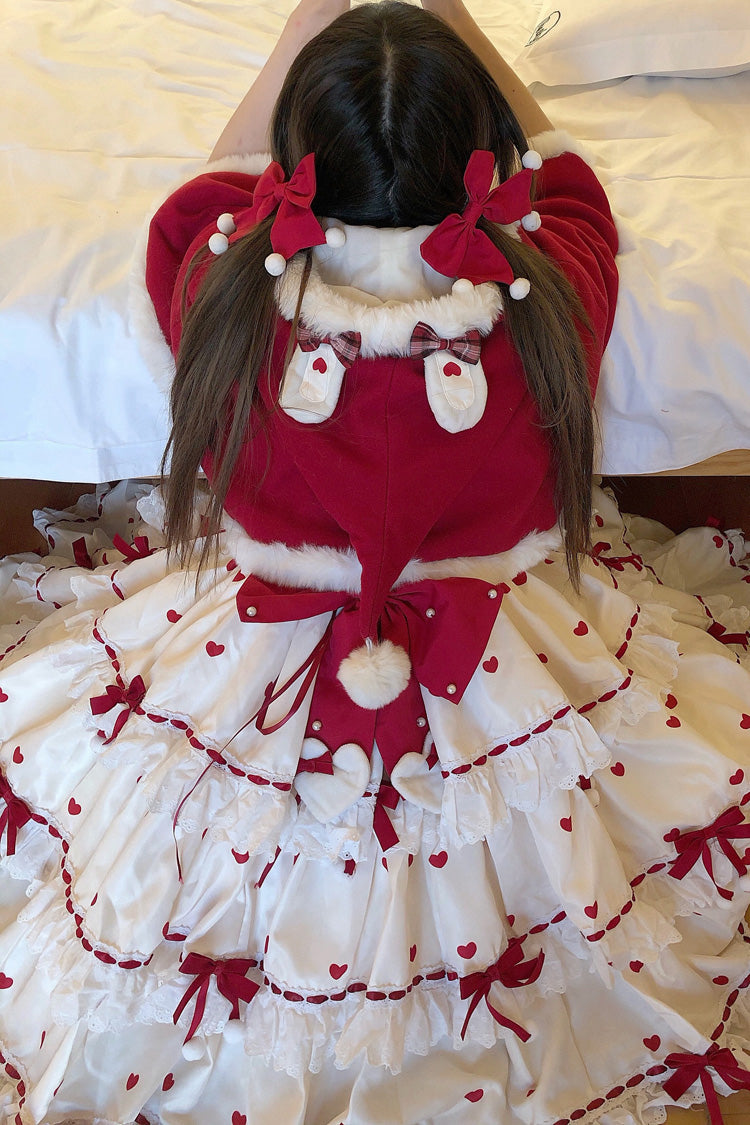 Crimson Apricot Triple-Layered Printed Ruffled Bow Lace Sweet Princess Lolita Dress with Cape