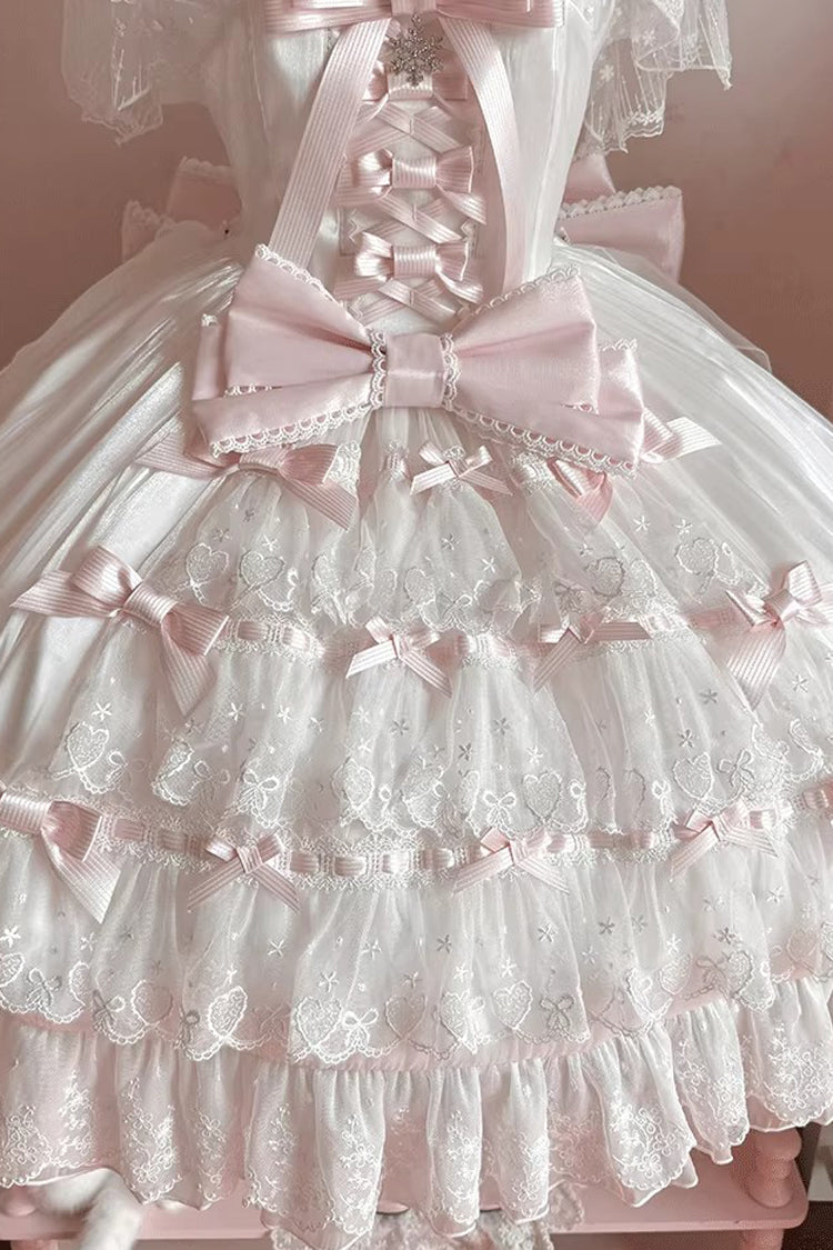 White Pink Snow of Love Ruffled Hanayome Open-Front Bow Lace Sweet Princess Dress