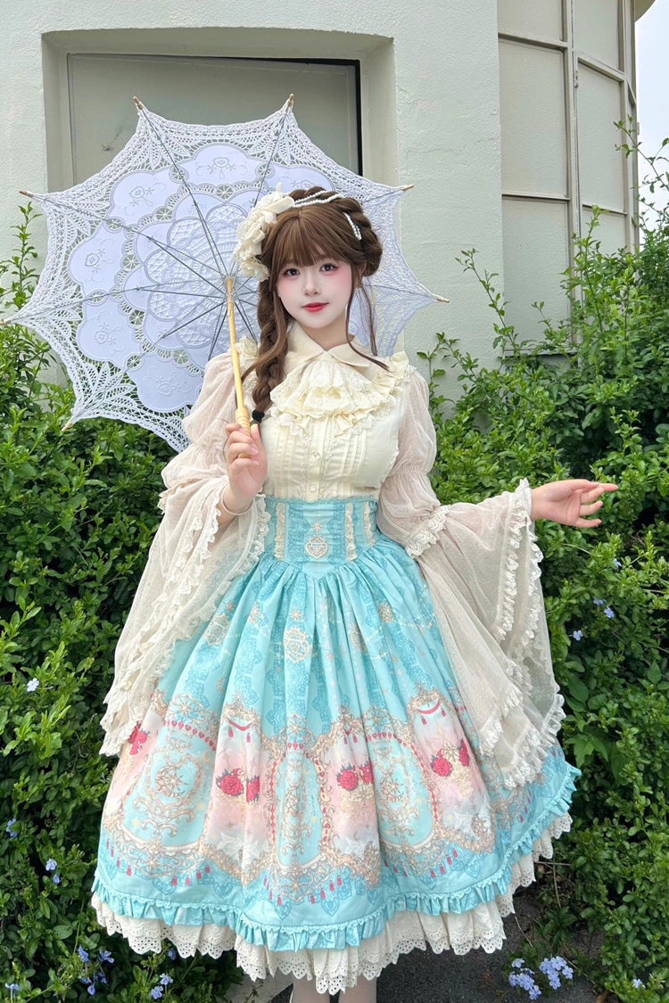 Blue Moonlit Garden Print Ruffle Lace Sweet Palace Lolita Skirt