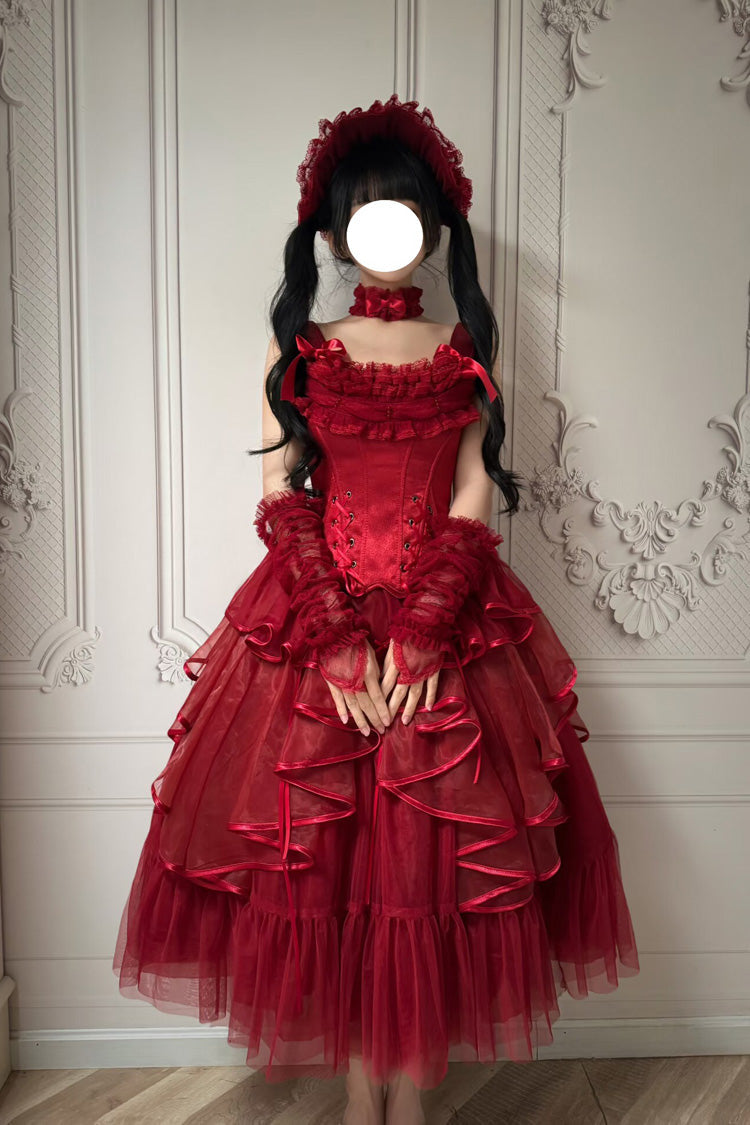 Scarlet The Summer Waves Sparkle Square Neck Sleeveless Multi-Layered Ruffled Bow Laced Slim Lolita Skirt Set