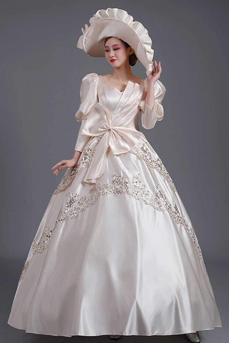 Champagne Victorian Dress with Asymmetric Bow and Lace - Altfashion Shop