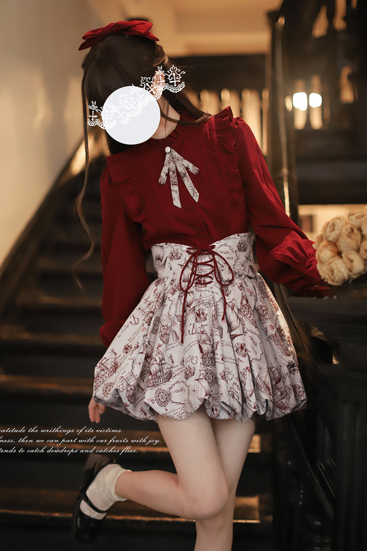 Ash Printed Sweet Lolita Skirt with Lace-Up Bow