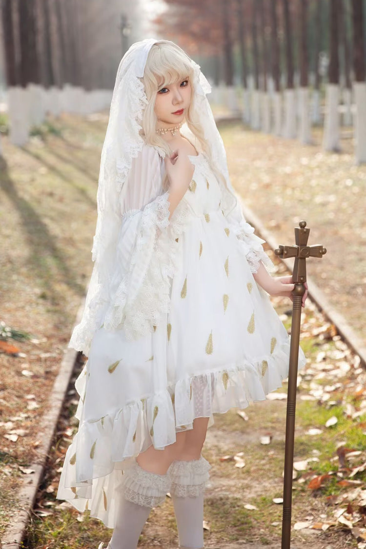 Feather Snowflake Embroidery Sleeveless Ruffle Bow Sweet Lolita JSK in Three Shades