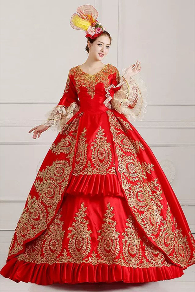 Victorian Ruffled Dress with Bell Sleeves and Floral Embroidery - Altfashion Shop