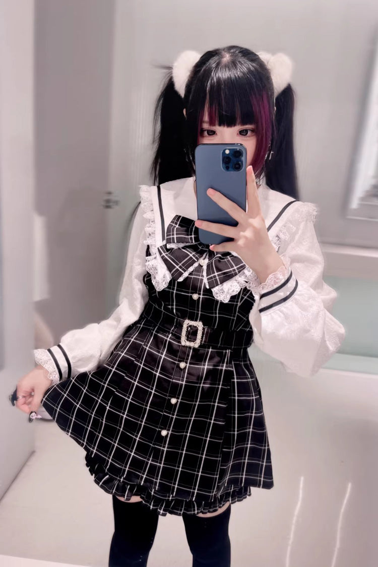 Lapel Collar Long-Sleeve Printed Ruffled Japanese Dress with Shorts in 4 Colors - Confession Fantasy