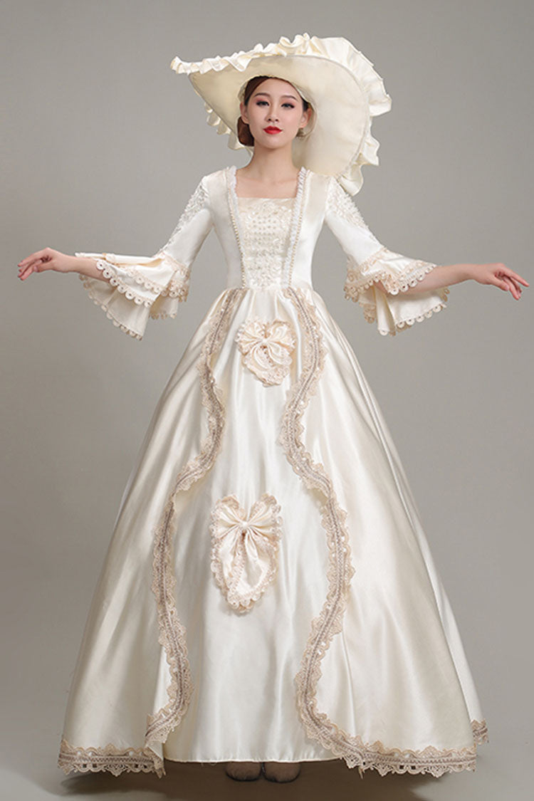 Champagne Victorian Dress with Bow and Floral Embroidery - Altfashion Shop