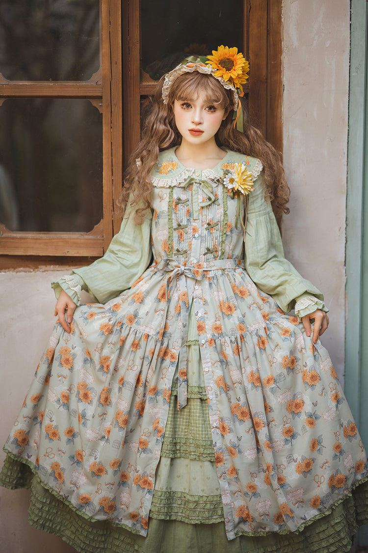 Green Sunflower Sleeveless Floral Bow Elegant Jsk Dress
