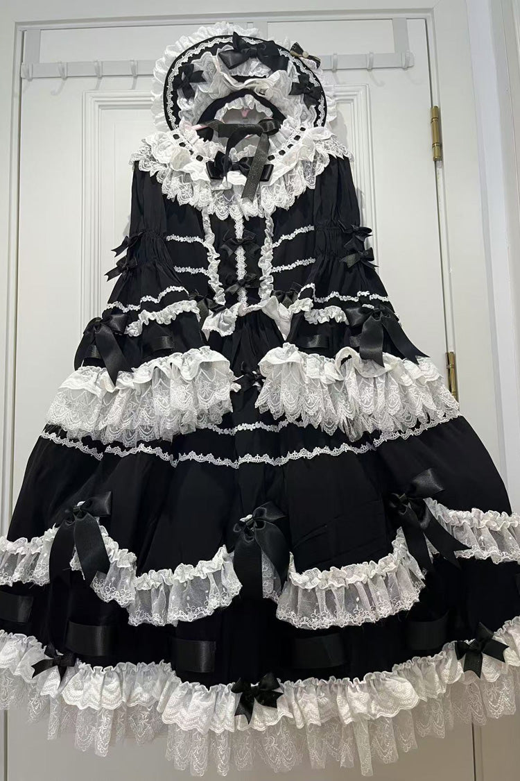 Black Round Collar Long Trumpet Sleeve Bow Lace Elegant Princess Dress