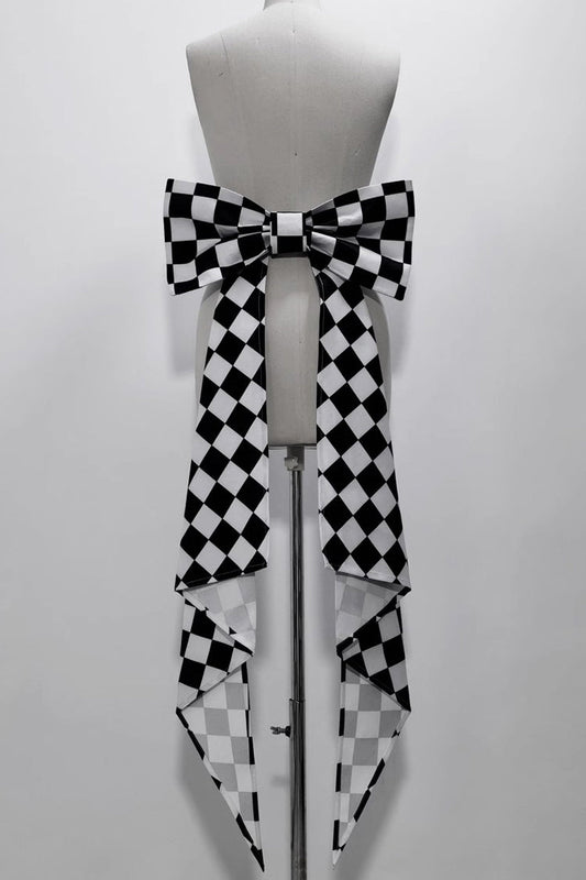 Monochrome Checkerboard Ouji Lolita Waist Bow with Rabbit Motif