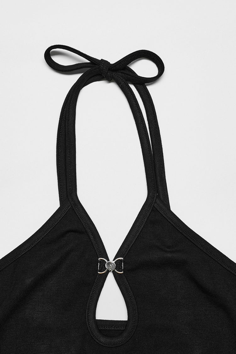 Noir Punk Two-Piece Set with Halter Neck and Web Print