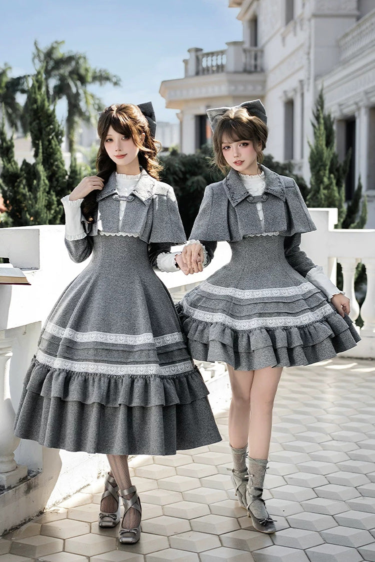 Ash Stand-Collar Ruffled Bow Lolita Gown with Poetry Motif