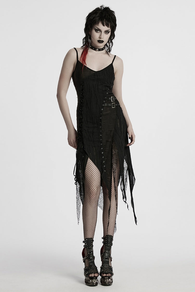 Black Sleeveless Lace Asymmetrical Ripped Gothic Party Slip Dress