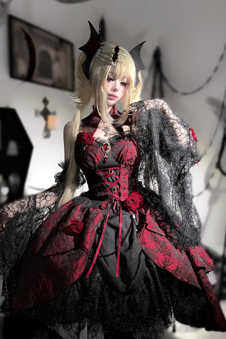 Black and Red Jacquard Print Gothic Lolita Dress with Lace-Up