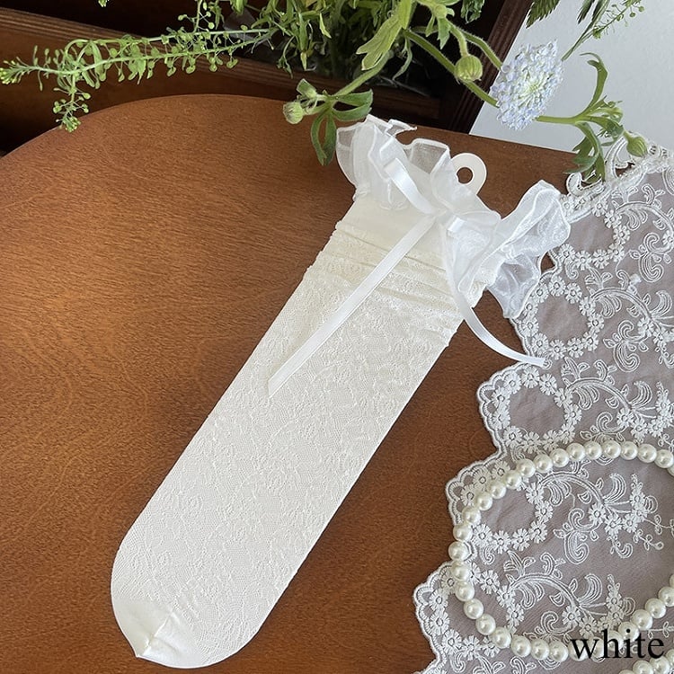 Underknee Hollow-out Stockings Lace Bowknot Details Trim Yellow/White Black/Light