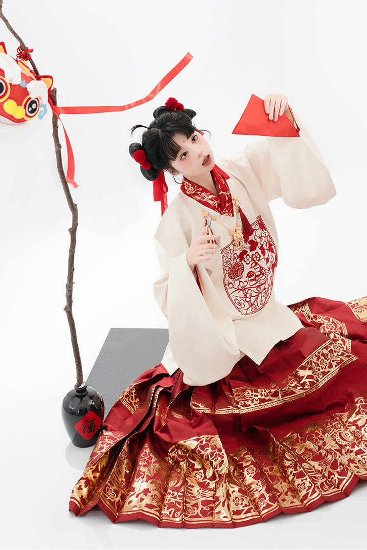 Scarlet Apricot V-Neck Lantern Sleeve High-Waist Printed Foil Women's Sweet Hanfu Two-Piece Set
