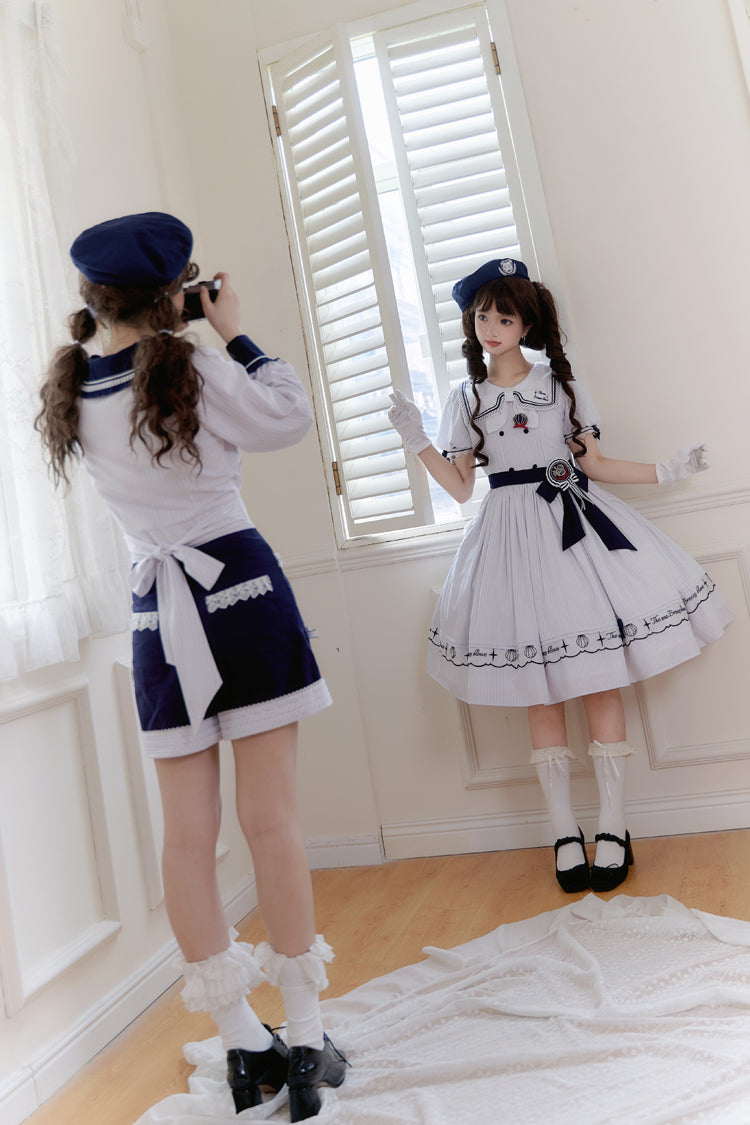 Navy Stripe Short Sleeve Ruffled Embroidery Sweet Lolita Dress