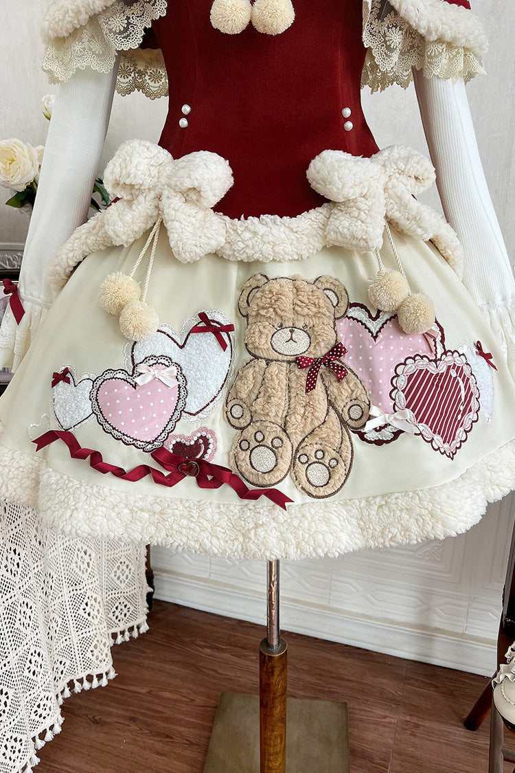 Scarlet Beige Heart Bear Embroidered Sweet Lolita Jumper Dress Ensemble