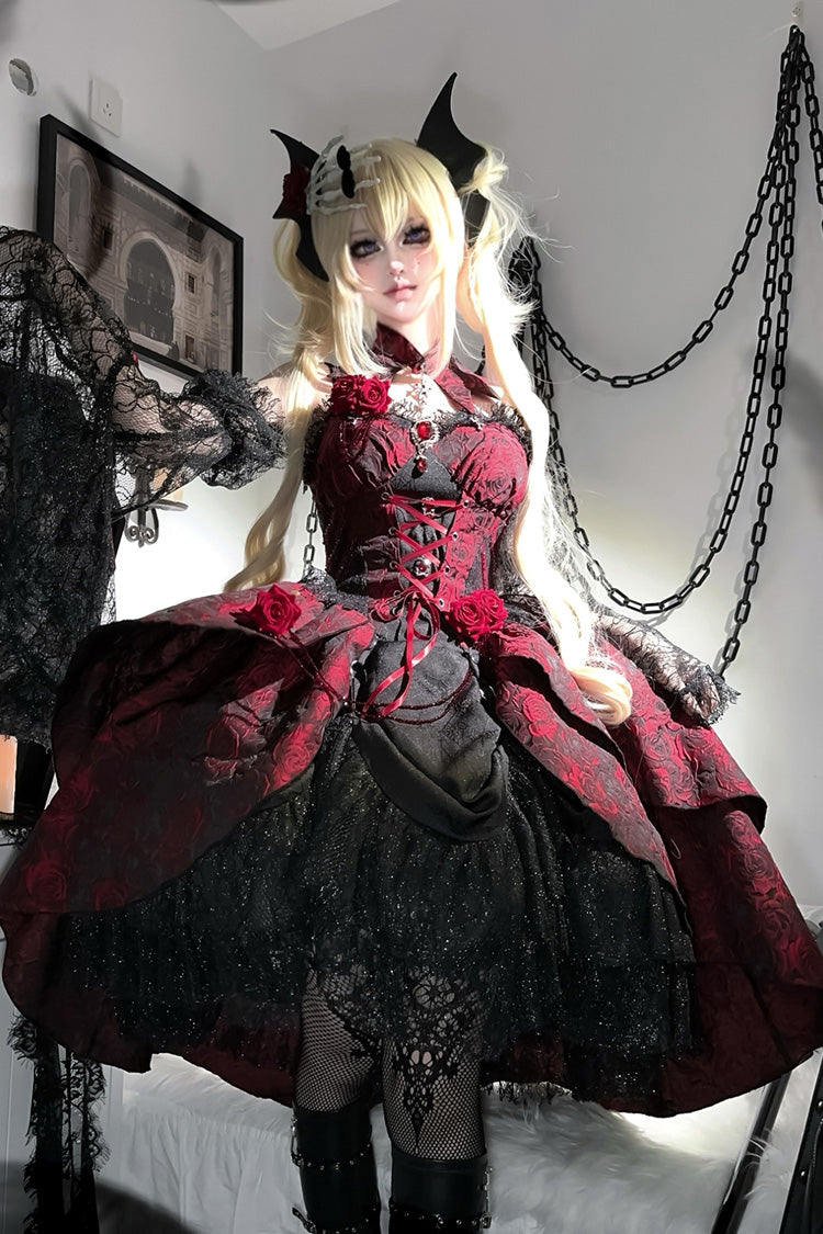 Black and Red Jacquard Print Gothic Lolita Dress with Lace-Up