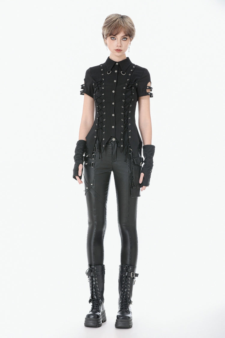 Punk Blouse with Turn-Down Collar and Lace-Up Eyelets