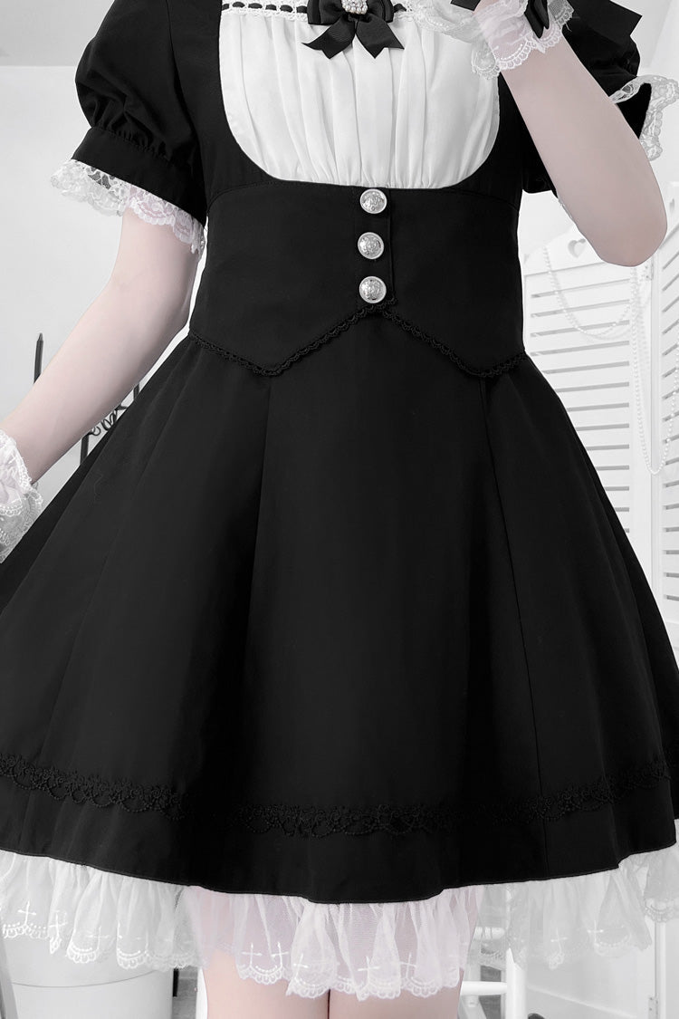 Monochrome Short Sleeve Ruffle Bow Cross Waist Maid Sweet Japanese Dress Set