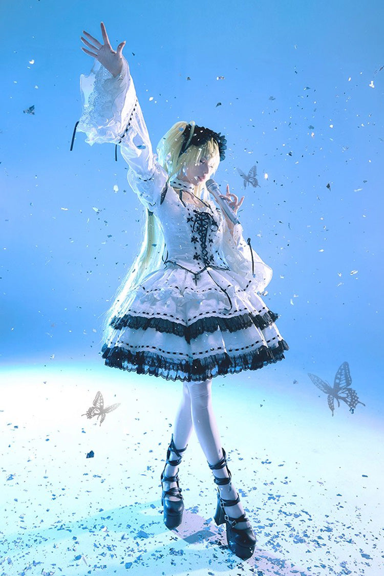 White Witch Long Sleeves Double-Layered Lace-Up Gothic Skirt Set