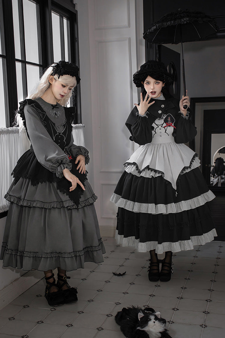 Gothic Ruffle Embroidered Long-Sleeve Dress in 2 Colors - Castle Night