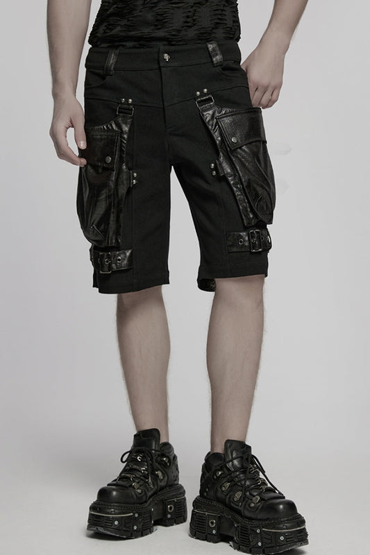 Men's Punk Shorts with Faux Leather Trim & Oversized Pockets