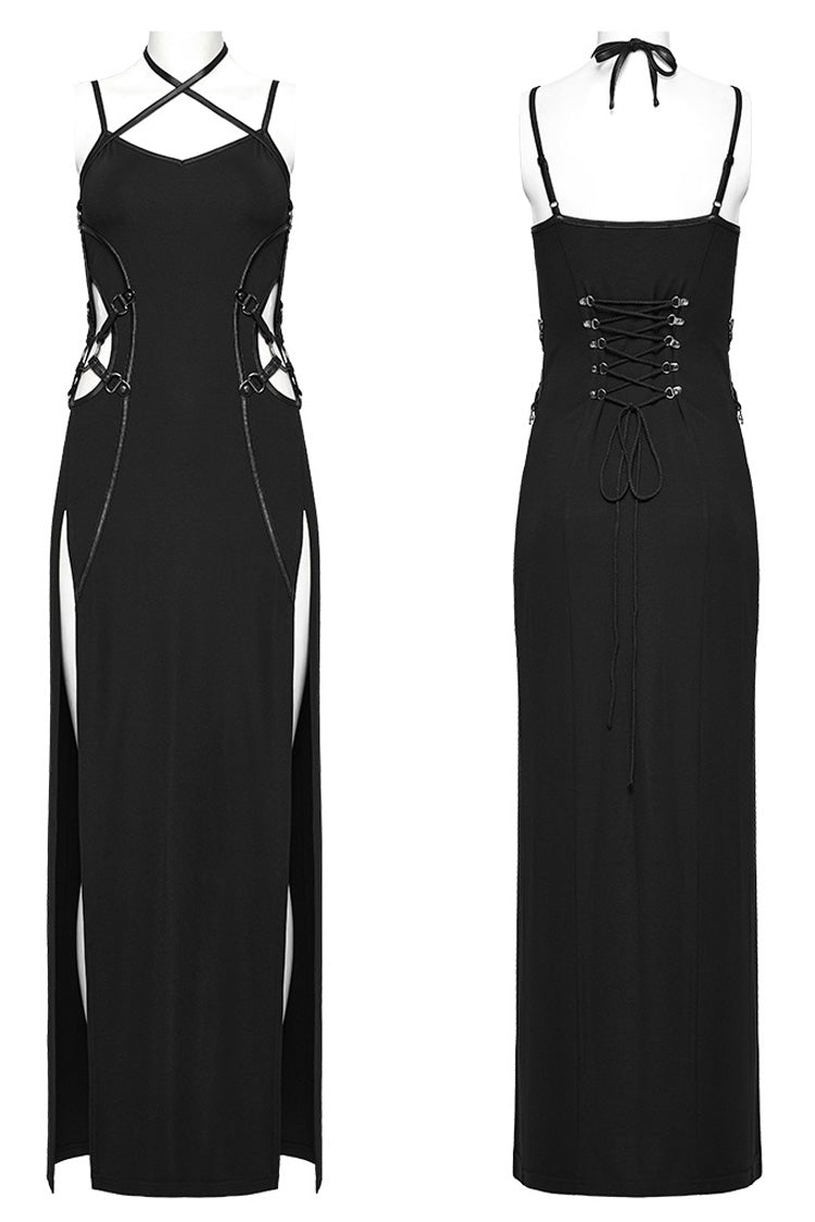 Jet Halterneck Lace-Up Ripped Side Slit Punk Gown
