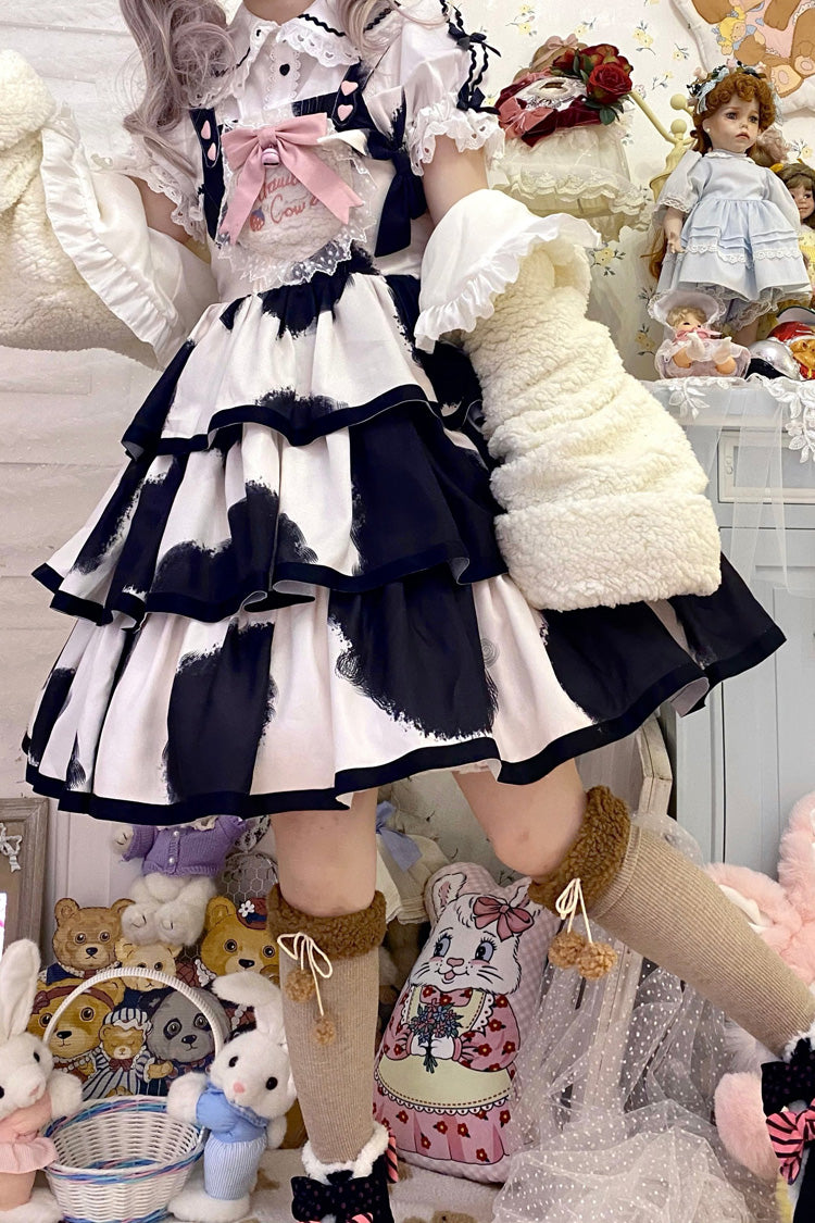Black Sleeveless Triple Layer Cow Print Ruffle Bow Sweet Jsk