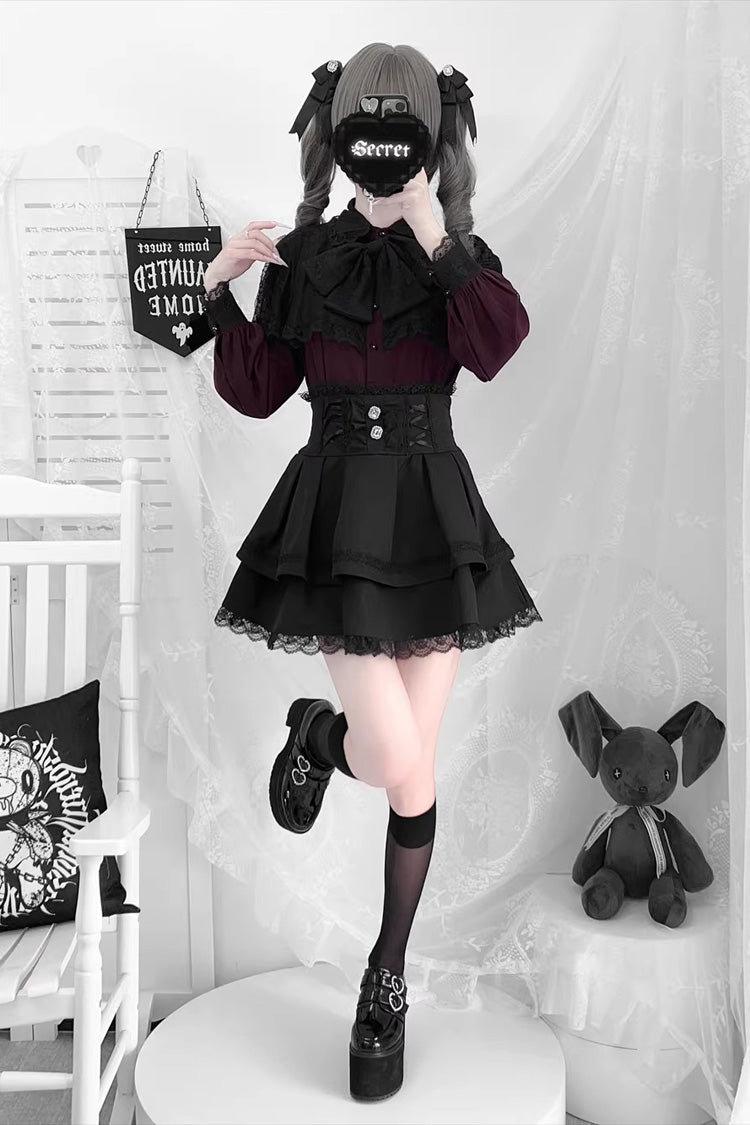 Dark Moon Shadow Double-Layered Ruffled Embroidered Bow Corset Gothic Jirai Kei Top and Skirt Set