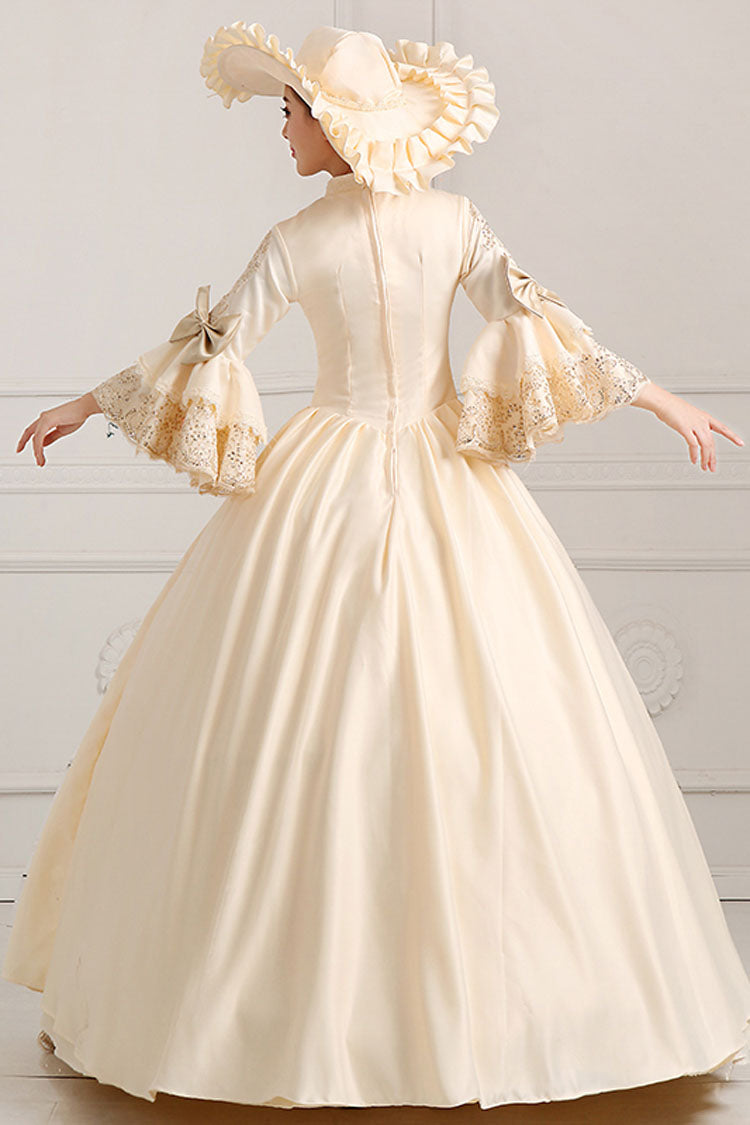Ruffled Bowknot Victorian Gown with Trumpet Sleeves - High Waisted