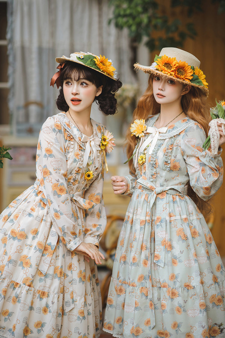 Apricot Sunflower Long Sleeve Floral Bow Elegant Lolita Dress