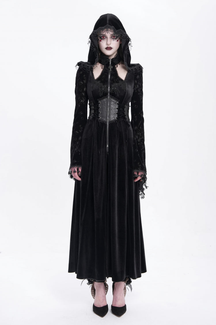 Black Long Sleeves Cutout Embroidered Hooded Ripped Gothic Coat Dress