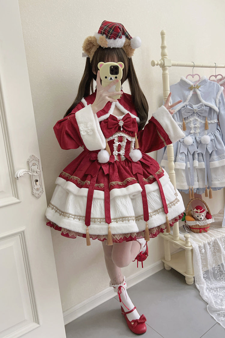 Crimson Snow Rabbit Long Sleeve Frill Bow Faux Two-Piece Sweet Lolita Gown