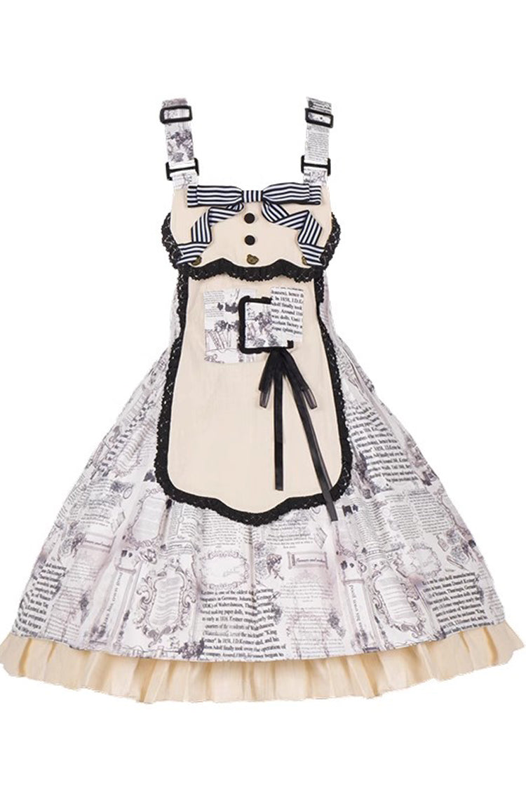 White Classic Lolita Strap Dress with Vintage Berlin Print and Apron