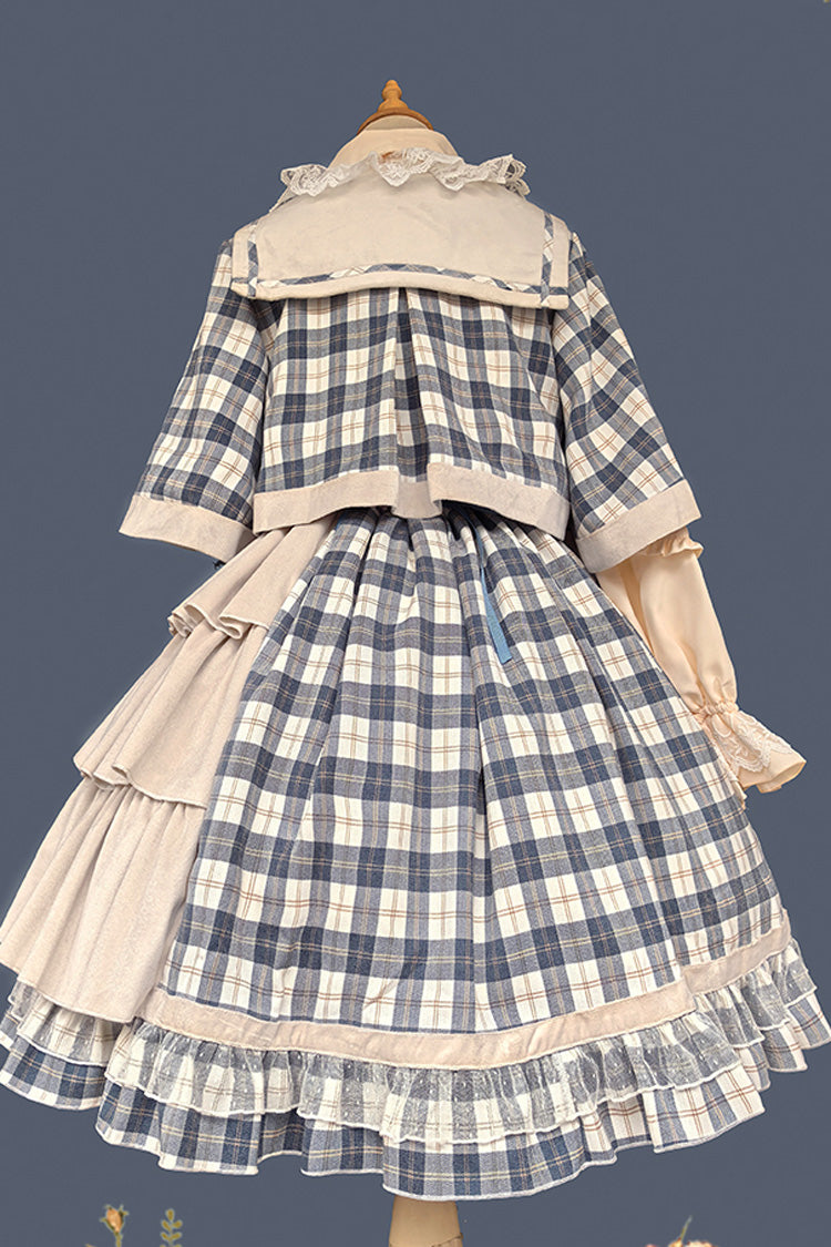 Sweet Lolita Strap Dress with Asymmetric Ruffle, High Waist, Grey/Blue Morning Tune