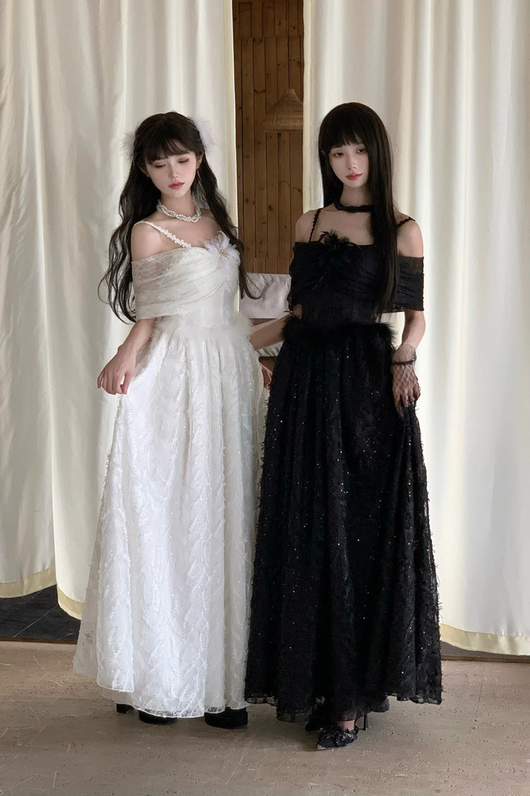 White Off Shoulder Jacquard Embroidered Bow Gothic Lolita Jsk Dress - Moonlight