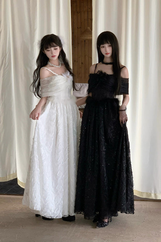 Off Shoulder Jacquard Embroidered Bow Gothic Lolita Jsk Dress - Swan