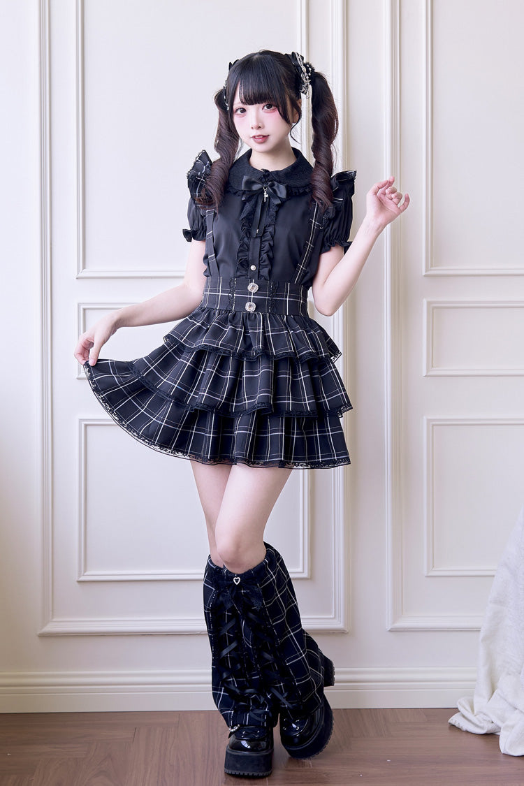Japanese Strap Dress with Plaid Print and Ruffle
