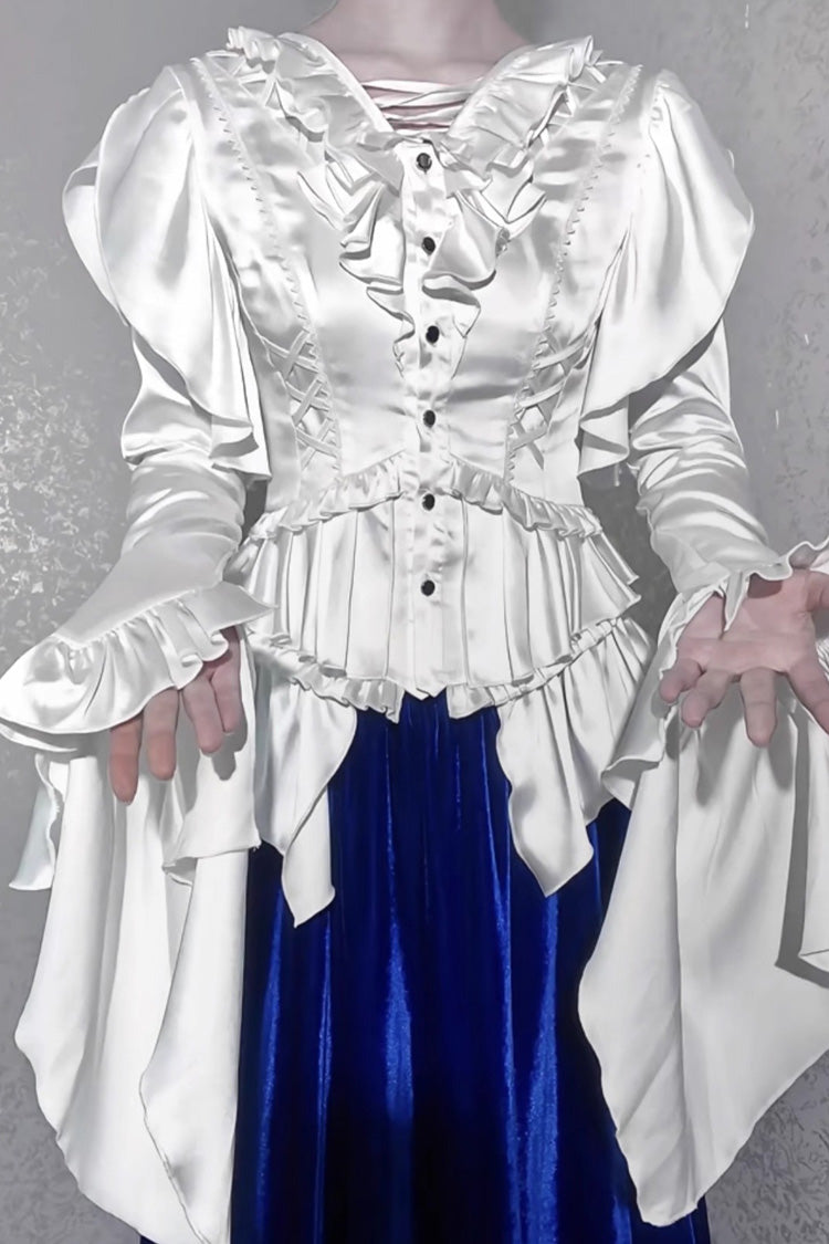 Echoes of the Deep Sea Hime Sleeve Ruffled Bow Corset Gothic Ouji Lolita Blouse in Four Shades