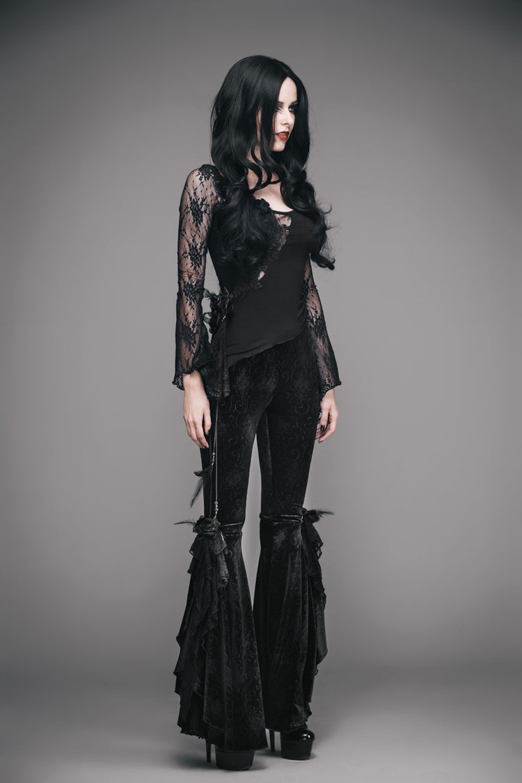 Women's Gothic T-Shirt in Black with Rose Decoration, Flare Sleeves & Irregular Lace Hem