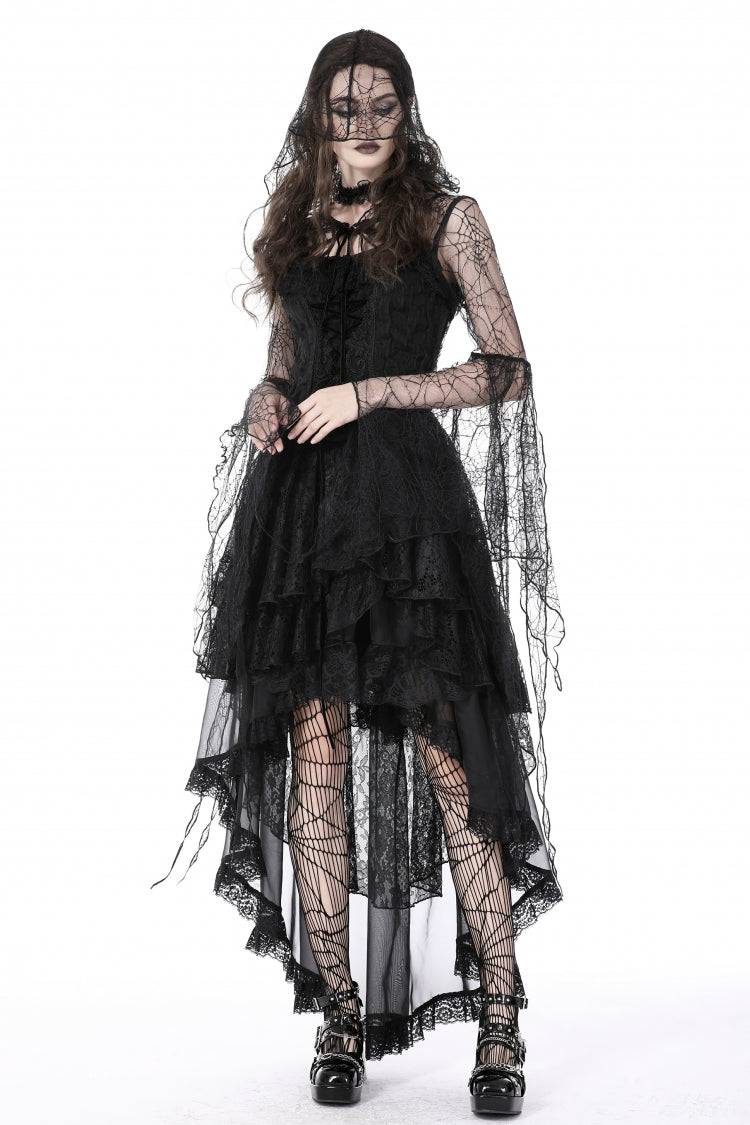 Midnight Spider Web Hooded Cape with Flared Lace-Up Sleeves - Gothic Sheer