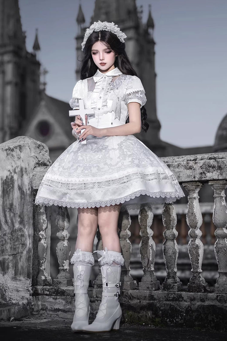 Ivory Classic Gothic Lolita Dress with Ruffled Lace and Short Sleeves