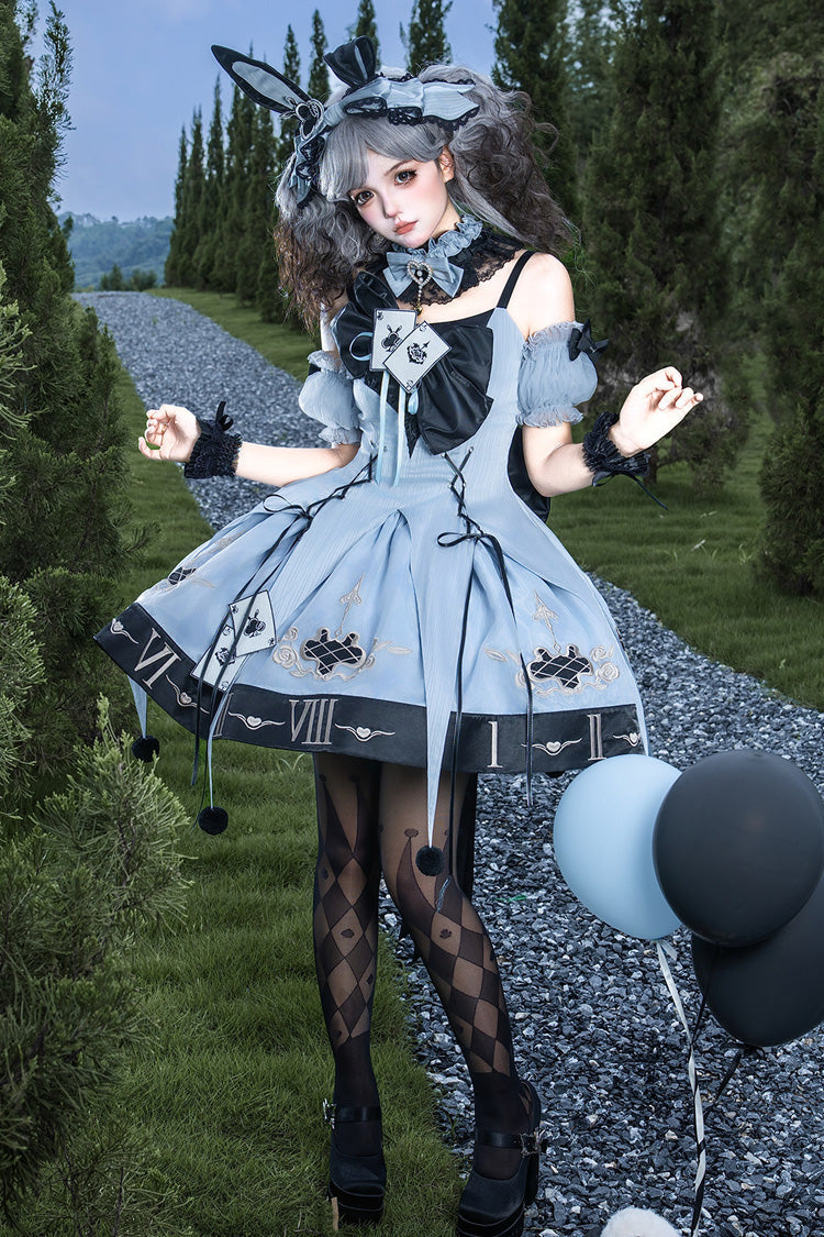 Clock Rabbit Card Game Sleeveless Jacquard Ruffle Embroidered Bow Gothic Jumper Dress
