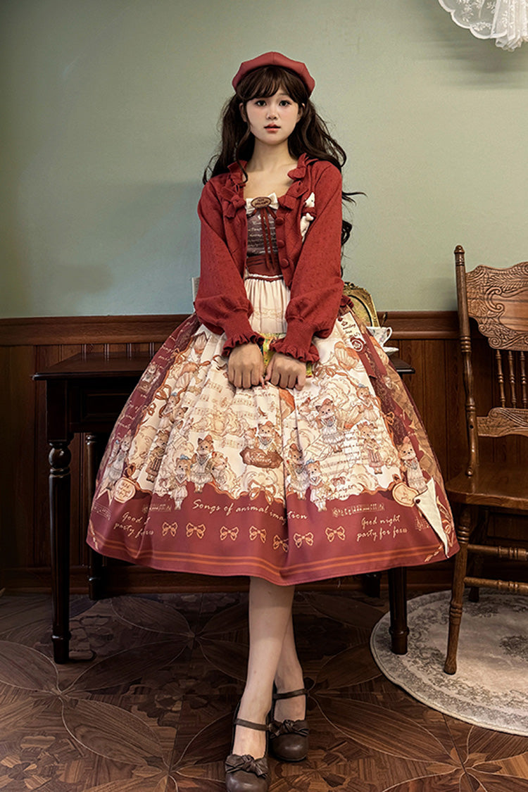 Wine Red Fox Print Square Collar Bowknot Classic Lolita Jumper