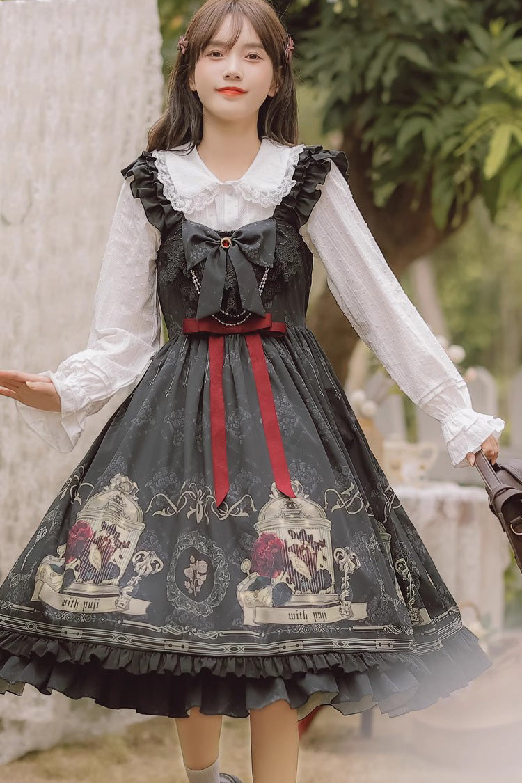 Gothic Princess Lolita Dress with Birdcage Rose & Ruffle Bow