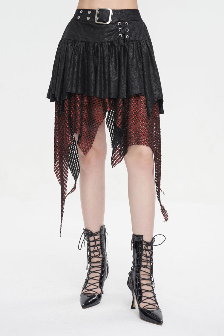 Crimson Noir Asymmetrical Mesh Patch Buckled Women's Gothic Skirt