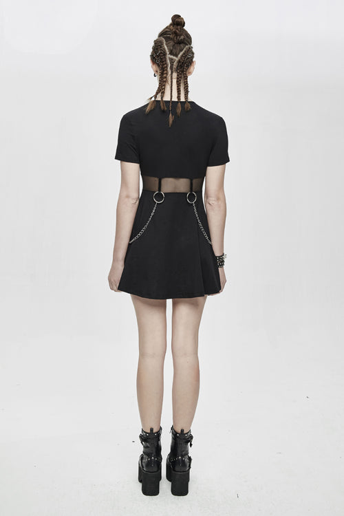 Stretchy Cotton Dress with Chain Accents and Mesh Waist