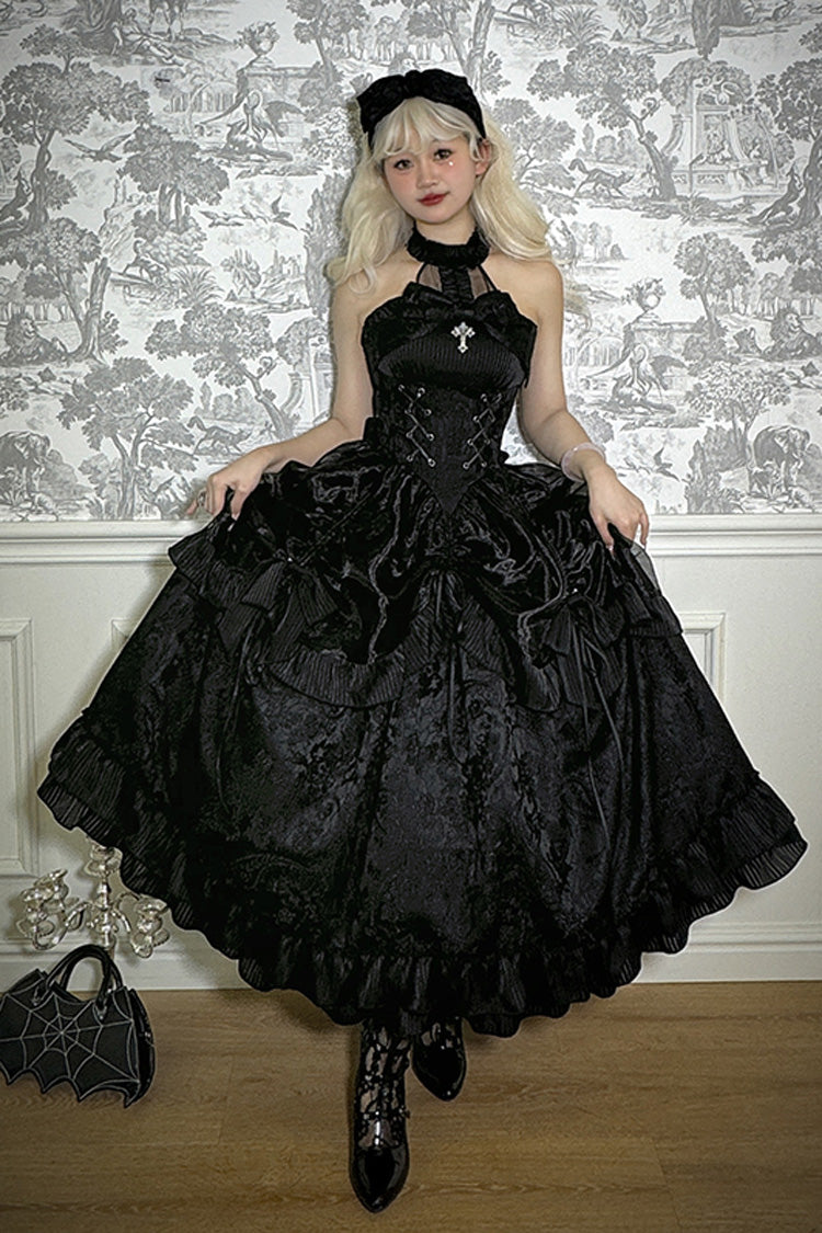 Solid Halterneck Ruffled Bowknot Drawstring Gothic Lolita Dress