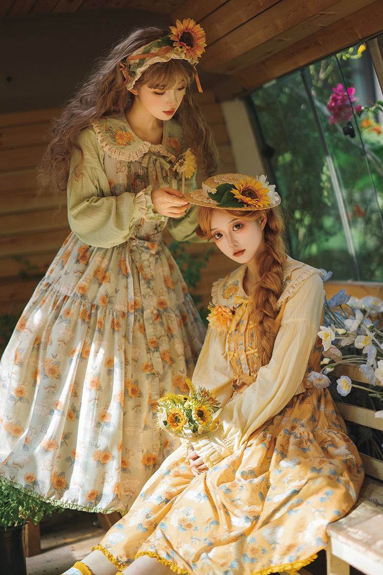 Yellow Sunflower Sleeveless Floral Bow Elegant Jsk Dress